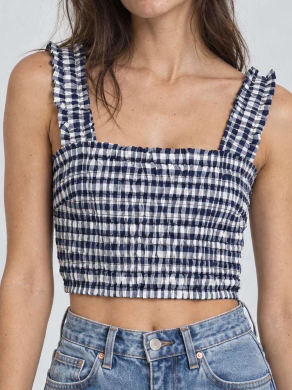 INDUSTRY Navy White Gingham Smocked Ruffle Crop Top NWT Small